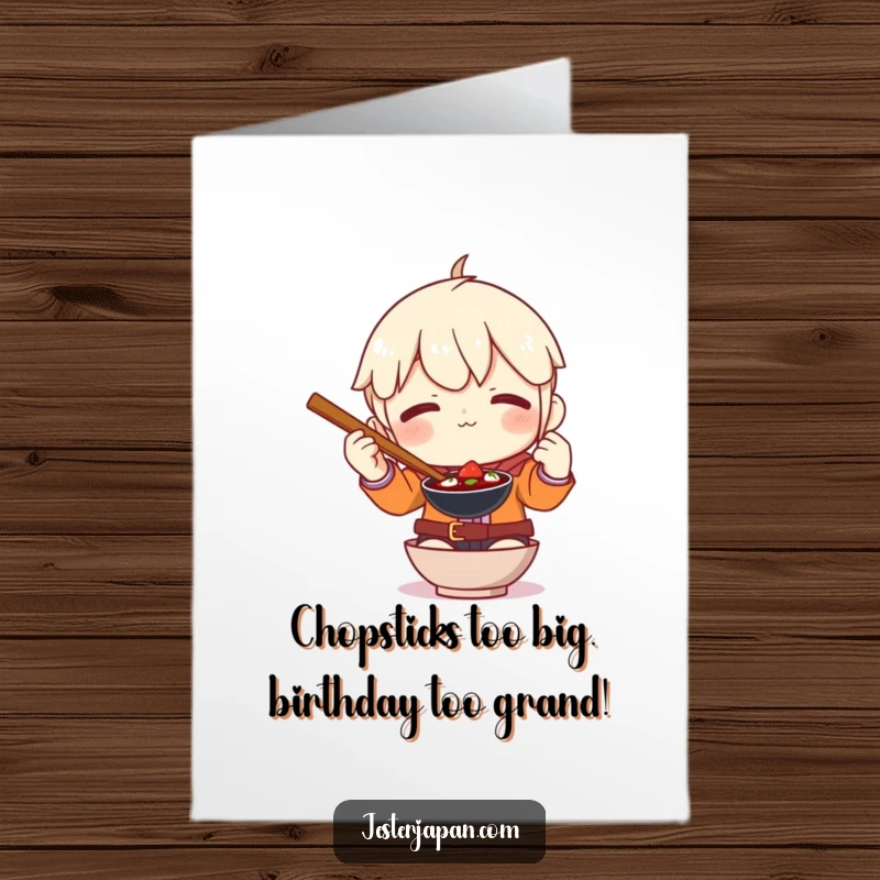 Funny Free Printable Birthday Card: A character struggling comically with huge chopsticks, guaranteed to bring a smile.