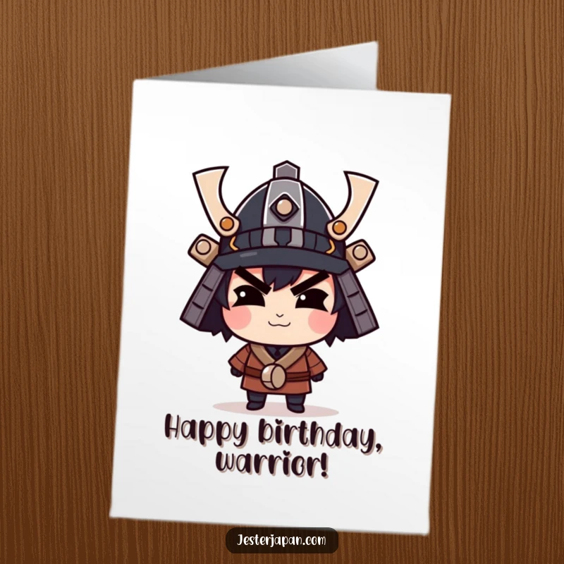 Funny Free Printable Birthday Card: Character smirking confidently, wearing a tiny samurai helmet, ready for fun.
