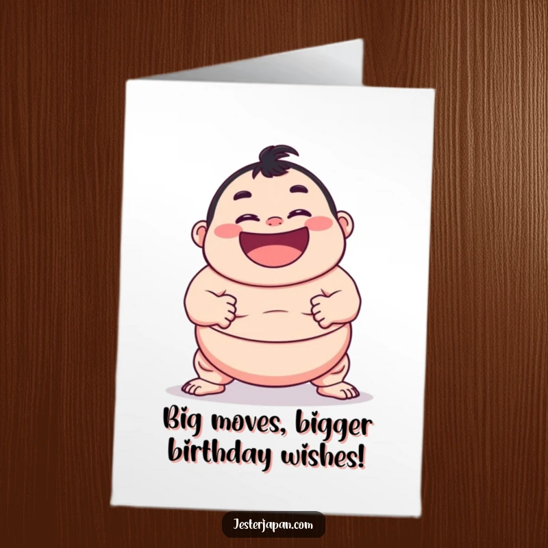Funny Free Printable Birthday Card: Sumo character grinning wide, attempting a playful sumo pose, ready to deliver laughs.