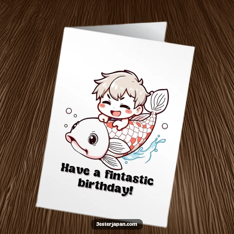 Funny Free Printable Birthday Card: Kawaii character with a grin pretends to ride a giant, majestic koi fish through water.