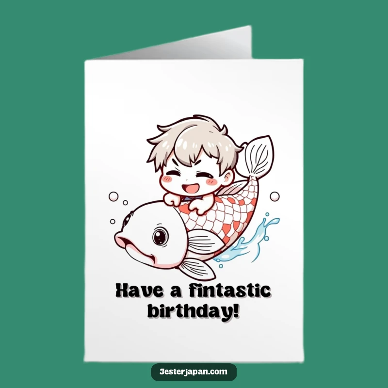 Free Printable Funny Birthday Card: Koi Rider Character, Playful Downloadable Gift!
