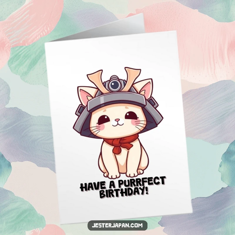 Funny Free Printable Birthday Card: A kawaii cat playfully wears a tiny samurai helmet, ready for birthday adventures.