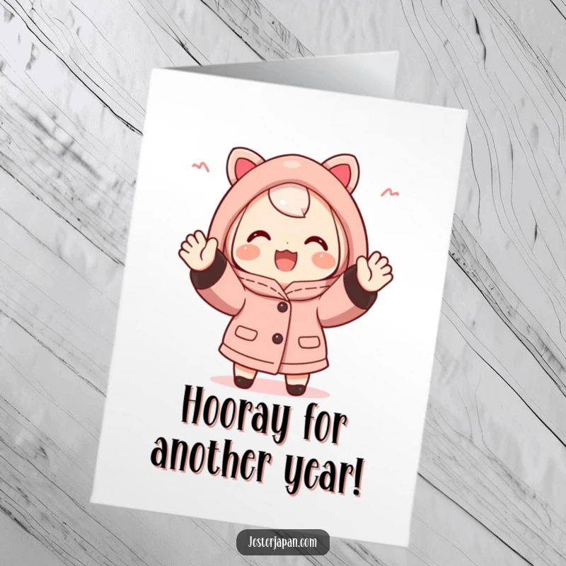 Funny Free Printable Birthday Card: Excited character in happi coat, cheering enthusiastically with both hands raised high.