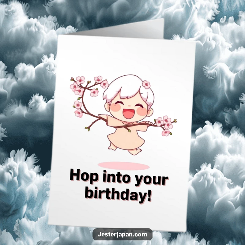 Free Printable Birthday Card: Joyful character hops playfully while holding a delicate branch with blooming cherry blossoms.