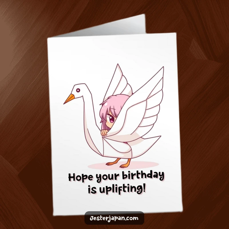 Funny Free Printable Birthday Card: Character playfully peeks from behind a giant, colorful origami crane.