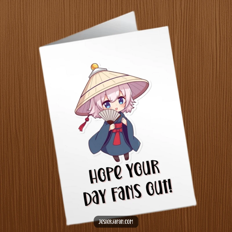 Funny Free Printable Birthday Card: Character in traditional hat poses dramatically with a fan, celebrating a birthday.