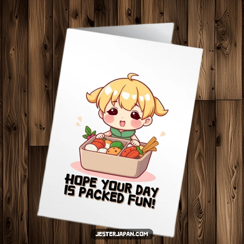 Funny Free Printable Birthday Card: A happy character meticulously packs a vibrant, colourful bento box. Delicious birthday wishes.