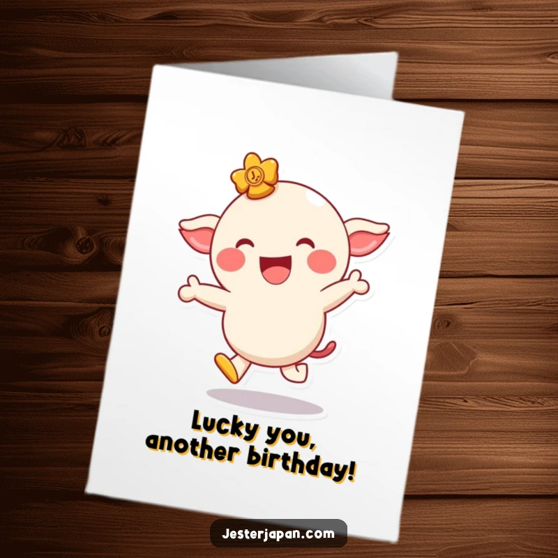 Funny Free Printable Birthday Card of a giggling lucky charm character excitedly hopping with a huge, infectious smile.