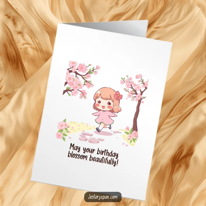 Funny Free Printable Birthday Card: Character with rosy cheeks skips happily along a path lined with cherry blossoms.