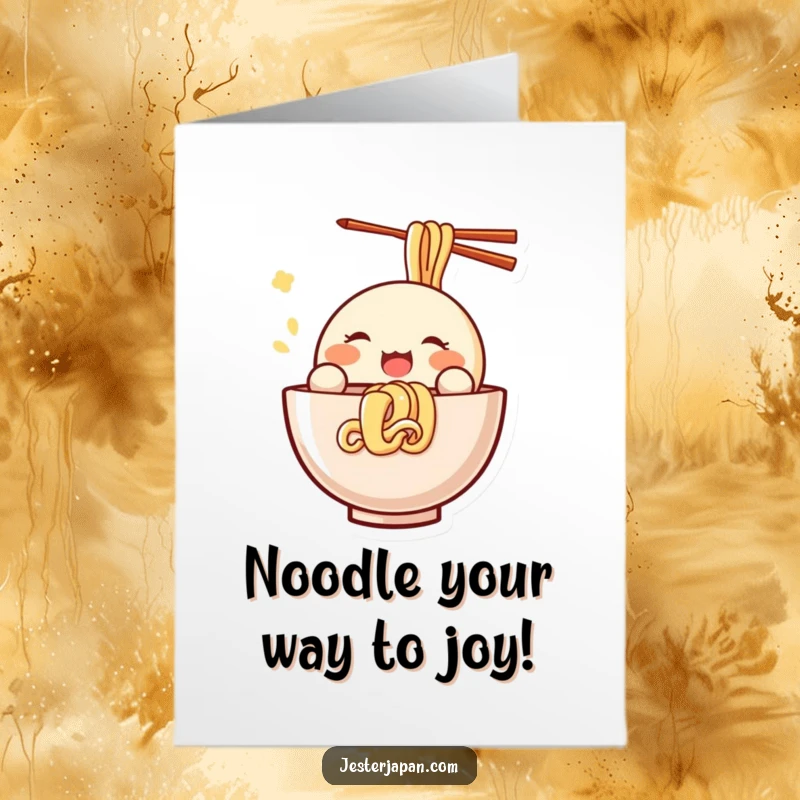Funny Free Printable Birthday Card featuring a small, round Kawaii character joyfully slurping noodles from a large, delicious-looking bowl.