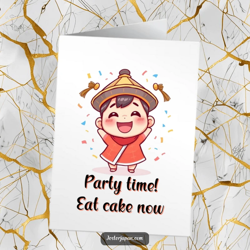 Funny Free Printable Birthday Card: Tiny smiling character in a hat, joyfully throwing a confetti explosion.
