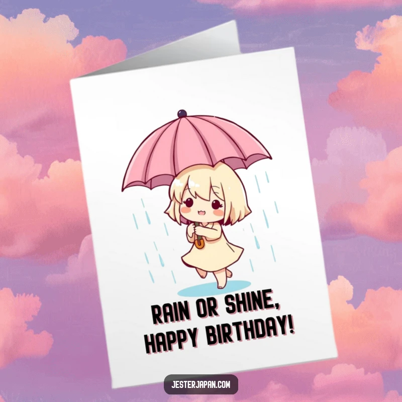 Funny Free Printable Birthday Card: Tiny character with umbrella, dancing joyfully in playful raindrops, celebrating.