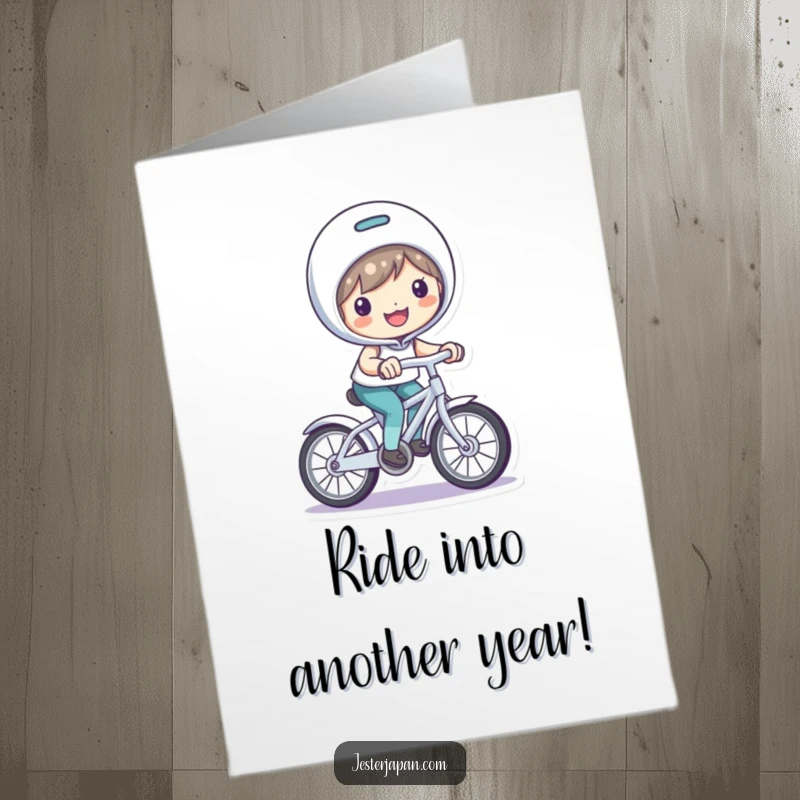 Funny Free Printable Birthday Card: Character with a bright smile, happily riding a small, playful bicycle.