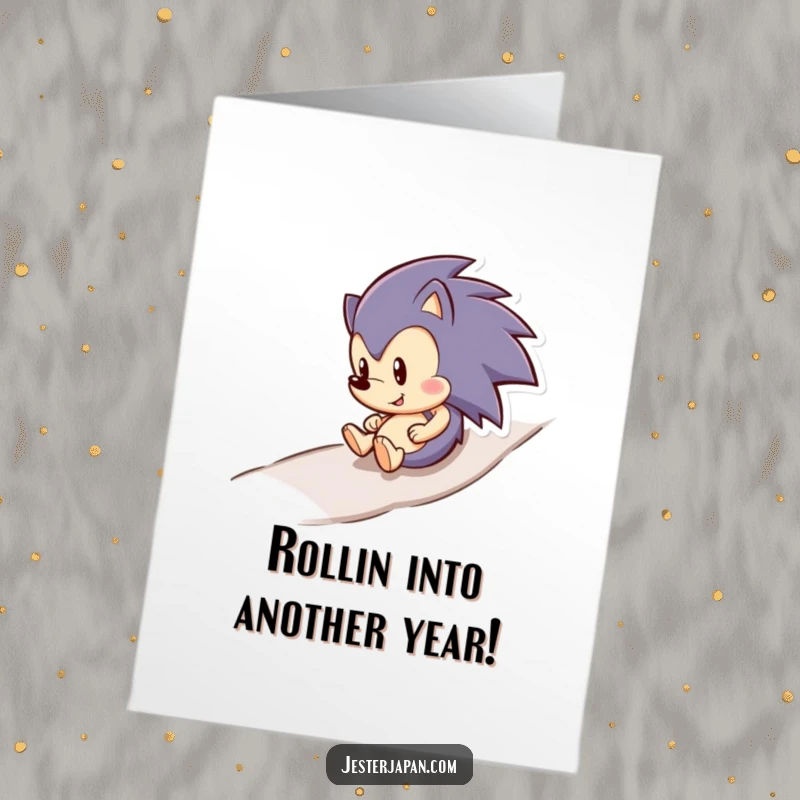Funny Free Printable Birthday Card: Happy hedgehog rolls downhill with a wide smile, a cute downloadable greeting.