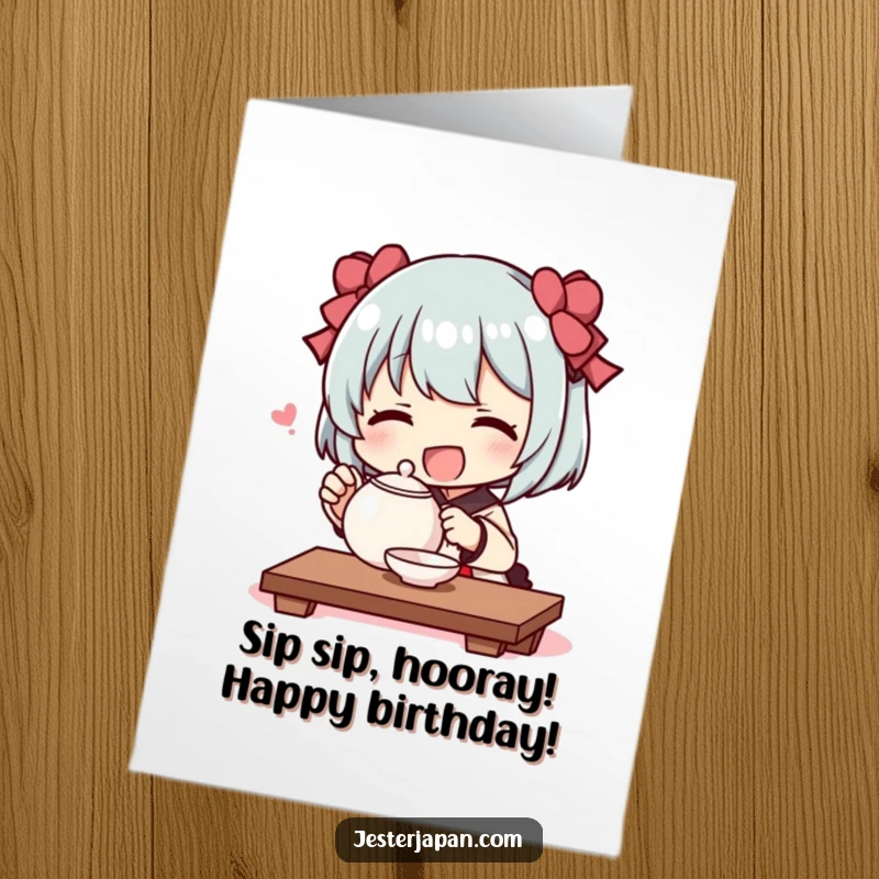 Funny Free Printable Birthday Card: Character gleefully performing a mock tea ceremony with an adorable tiny teapot, looking content.
