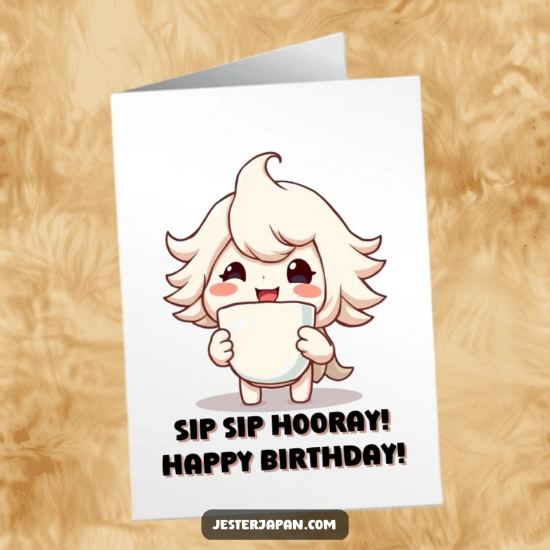 Funny free printable birthday card featuring a character with a huge smile, holding a steaming cup. A warm and humorous birthday wish.