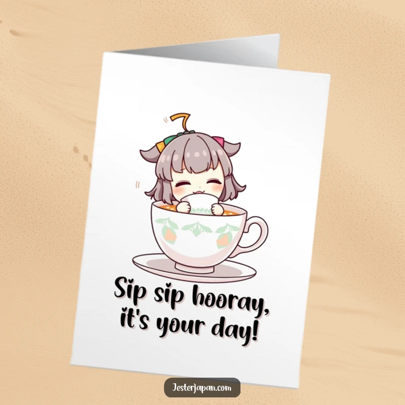 Funny Free Printable Birthday Card of a character energetically sipping a giant teacup with a big smile, perfect for tea lovers.