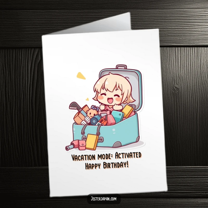 Funny Free Printable birthday card featuring a Kawaii character's chaotic suitcase packing, items spilling everywhere, an explosion of joy.