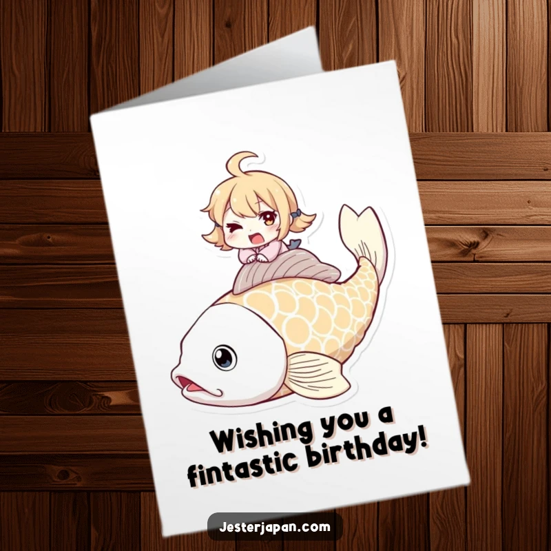 Funny Free Printable Birthday Card: Character mischievously winking, perched on a giant koi fish, ready to celebrate.