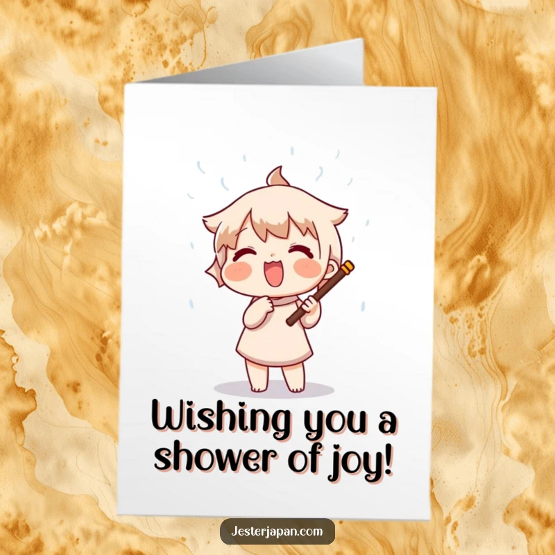 Funny Free Printable Birthday Card: Character joyfully shakes a rain stick, showering confetti and sparkles.