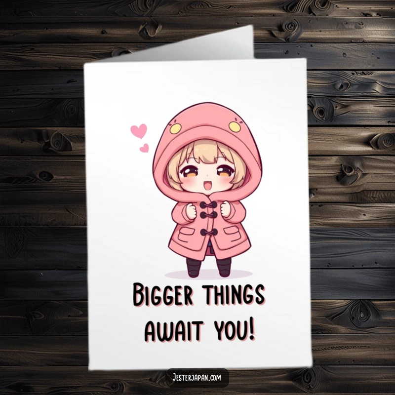 Funny Free Printable congratulations card showing a character overwhelmed by a comically large Happi coat, ideal for festive greetings.