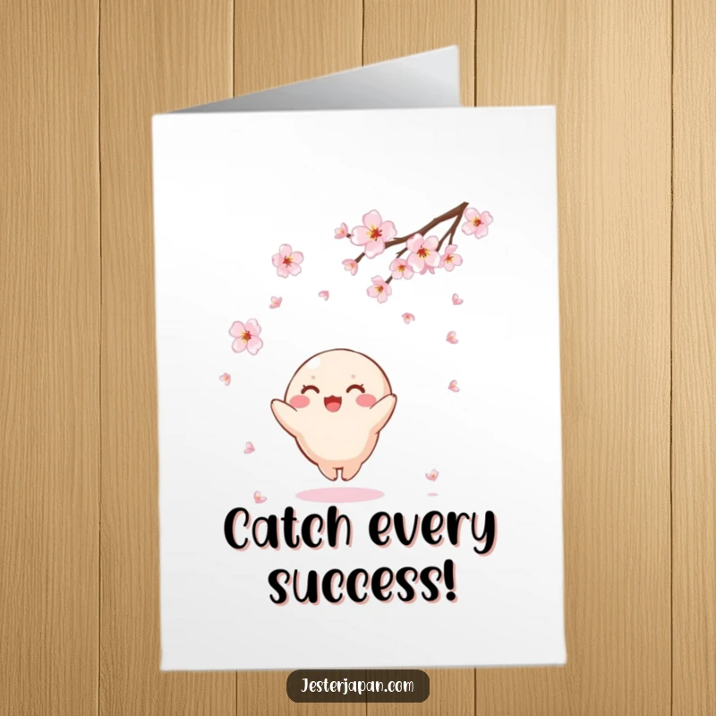 Funny Free Printable Congratulations Card showing a small, round Kawaii character delightedly trying to catch falling cherry blossoms.