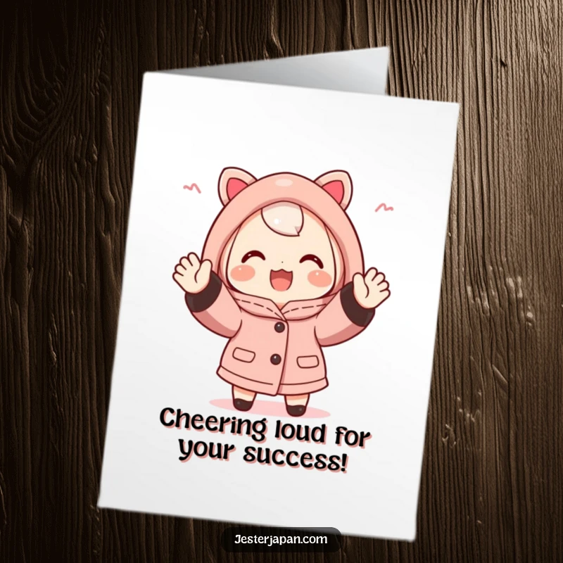 Funny Free Printable Congrats Card: Happy character in happi coat, enthusiastically cheering, celebrating victory.