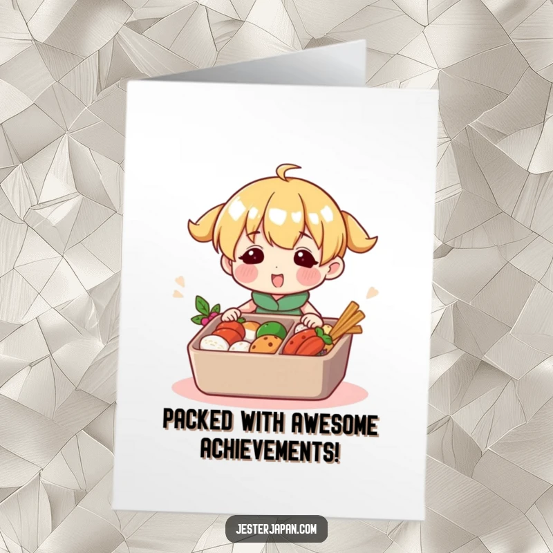 Funny Free Printable Congratulations Card: A character happily assembles a colourful bento box, symbolizing a well-prepared success. Unique congrats.