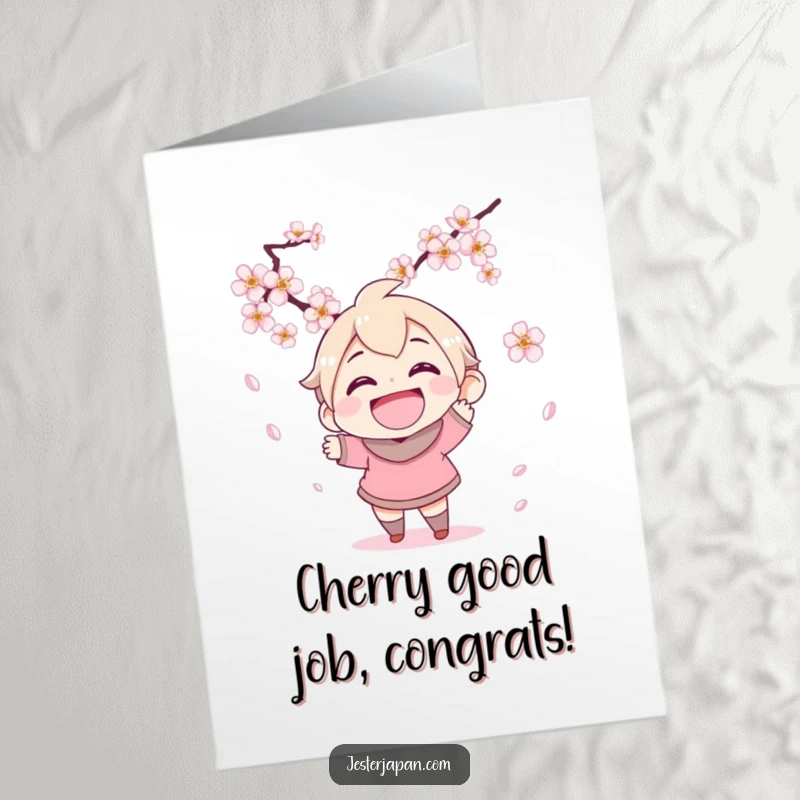 Free Printable Congratulations Card: Character joyfully attempts to catch falling pink cherry blossoms with a wide smile.
