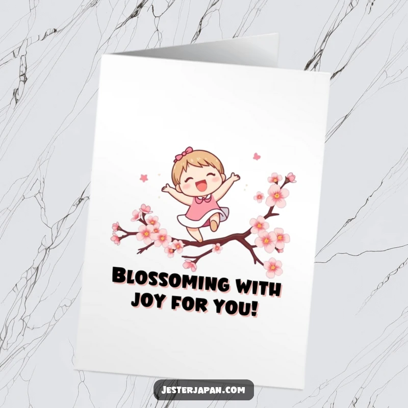 Funny Free Printable Congratulations Card: A character joyfully leaps over a stylized cherry blossom branch, signifying new beginnings. Encouraging art.