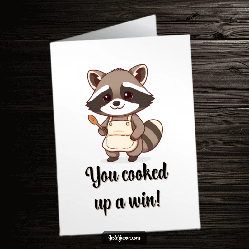 Funny Free Printable Congratulations Card: A raccoon in a chef's apron, whisking up a culinary delight to celebrate success.