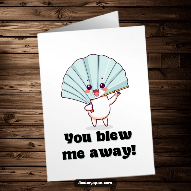 Funny Free Printable Congratulations Card featuring a happy fan character unfurling to reveal a comically surprised face, perfect for sharing joy.