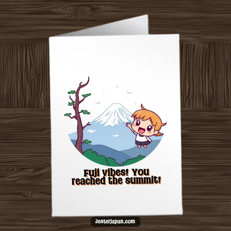 Free Printable Congratulations Card: Character pointing excitedly towards Mount Fuji, celebrating a grand achievement.