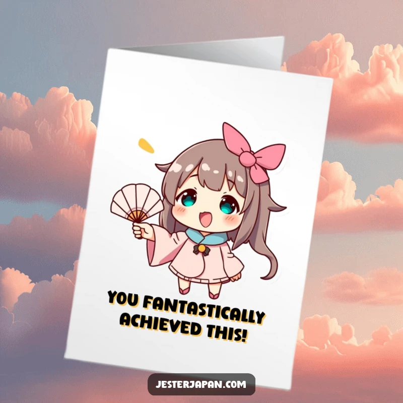 Funny Free Printable Congrats Card: Cheerful character enthusiastically waving a tiny hand fan to celebrate exciting achievements and successes.