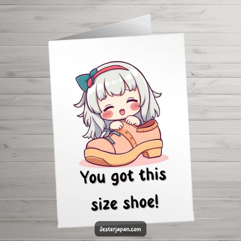 Funny Free Printable Congratulations Card: Character with rosy cheeks tries on an oversized geta shoe, celebrating success.