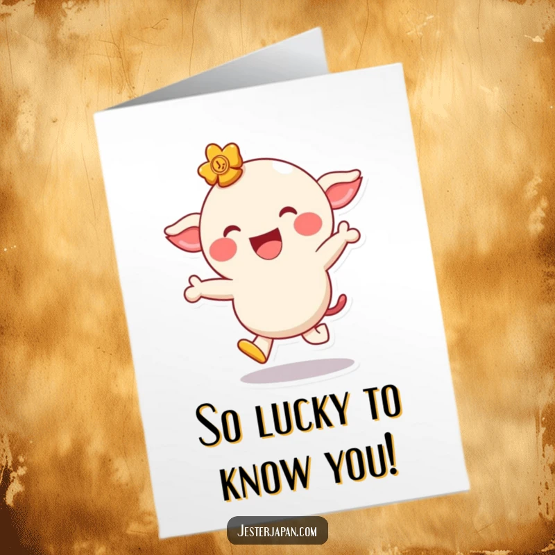 Funny Free Printable Congratulations Card of a giggling lucky charm character hopping with pure delight and a wide grin.