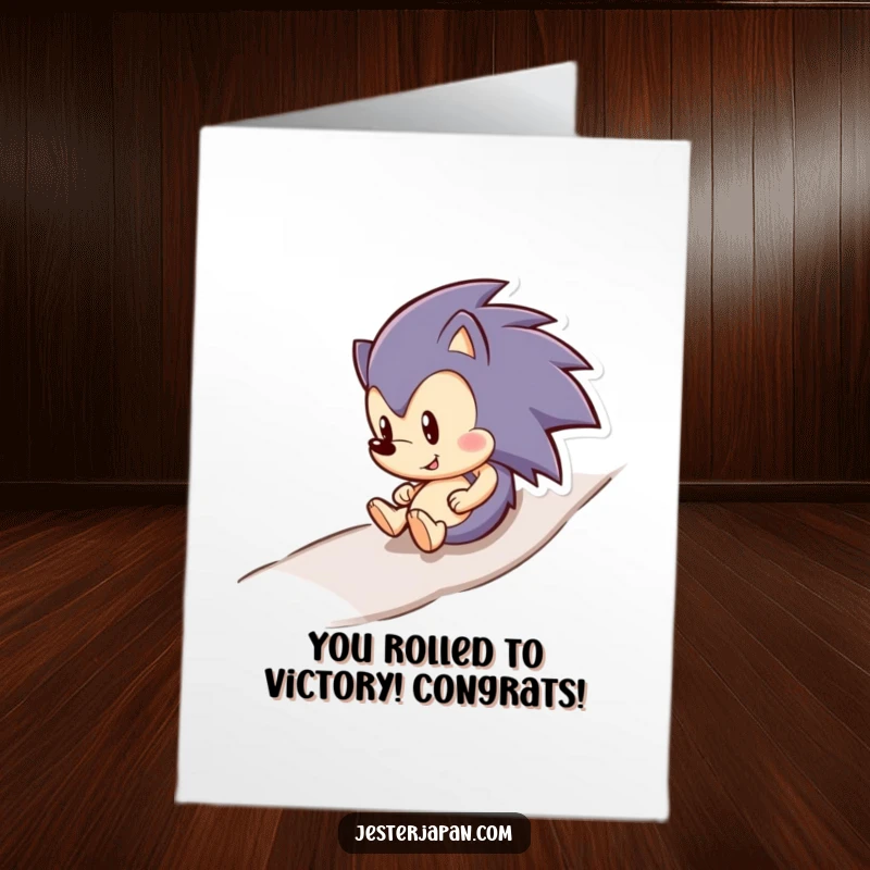 Funny Free Printable Congratulations Card: Adorable hedgehog rolls downhill beaming, a delightful downloadable celebratory card.