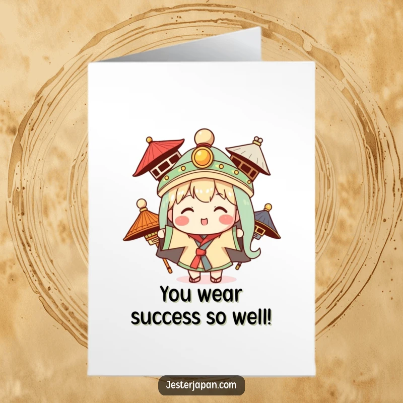 Funny Free Printable congratulations card showing a Kawaii character excitedly trying on various traditional hats, a moment of cheerful success.