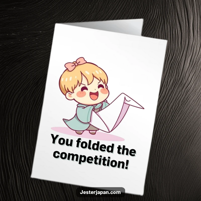 Funny Free Printable Congratulations Card: Kawaii character attempting to fold an enormous origami crane, celebrating success humorously.
