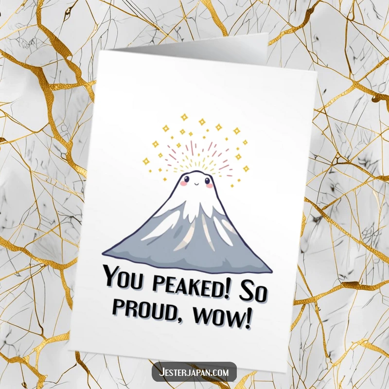 Funny Free Printable Congratulations Card with a tiny Mount Fuji character erupting in a shower of colorful sparkles.