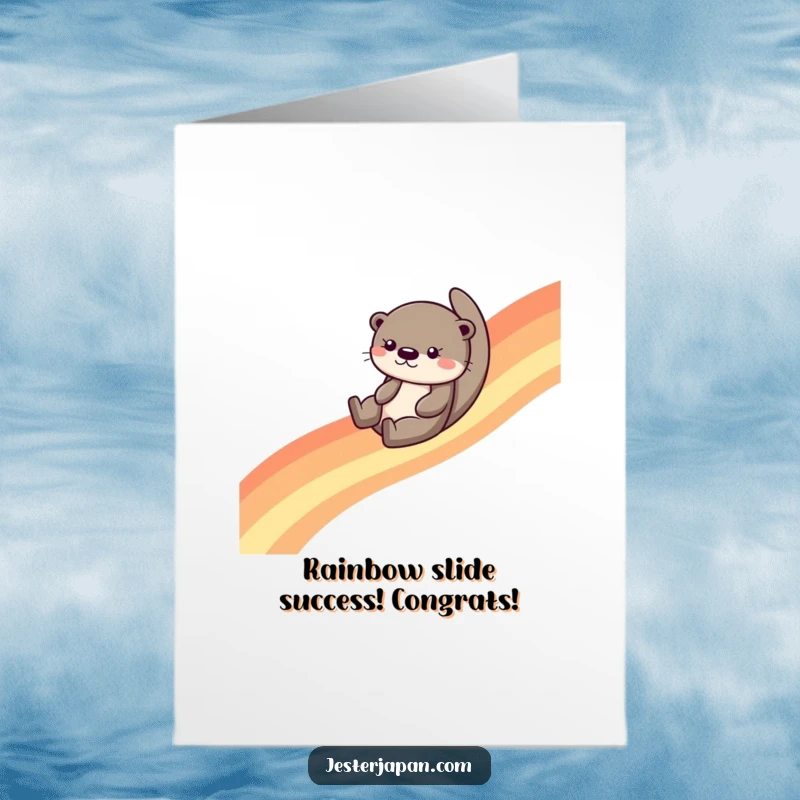 Funny Free Printable Congratulations Card: Joyful otter zooms down a rainbow, perfect for a cheerful downloadable gift.