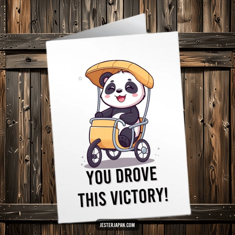 Funny Free Printable Congrats Card: A smiling panda character rides a miniature rickshaw with excitement, cheering on success.