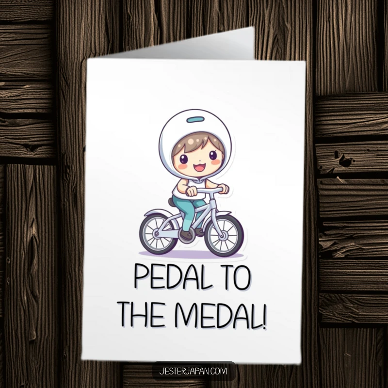 Funny Free Printable Congratulations Card: Character with a bright smile, playfully riding a small bicycle.