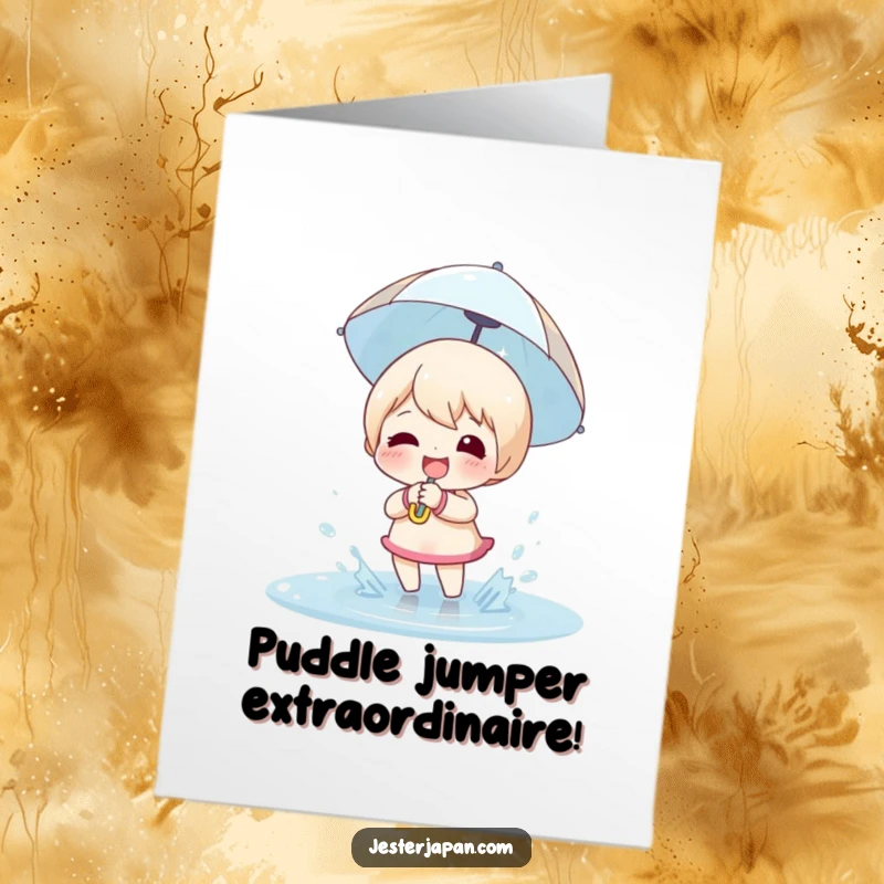 Funny Free Printable Congratulations Card: Happy character holding tiny umbrella, joyfully splashing in a puddle.