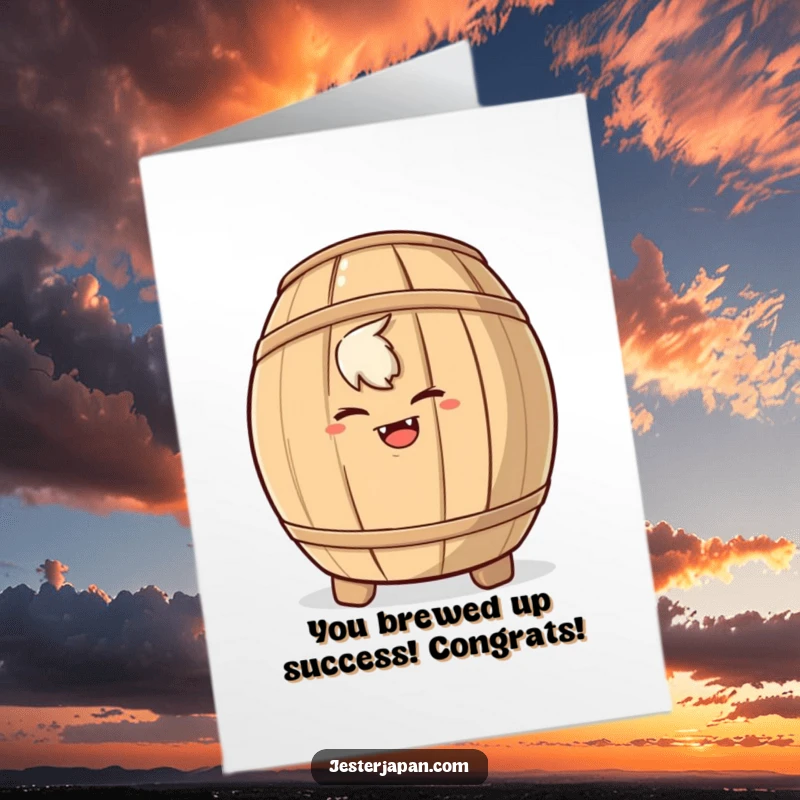 Funny Free Printable Congratulations Card: A character with a mischievous grin peeks from behind a sake barrel celebrating success.