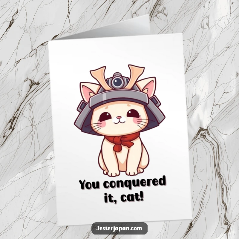 Funny Free Printable Congrats Card: A kawaii cat dons a tiny samurai helmet, looking ready to conquer and celebrate achievements.