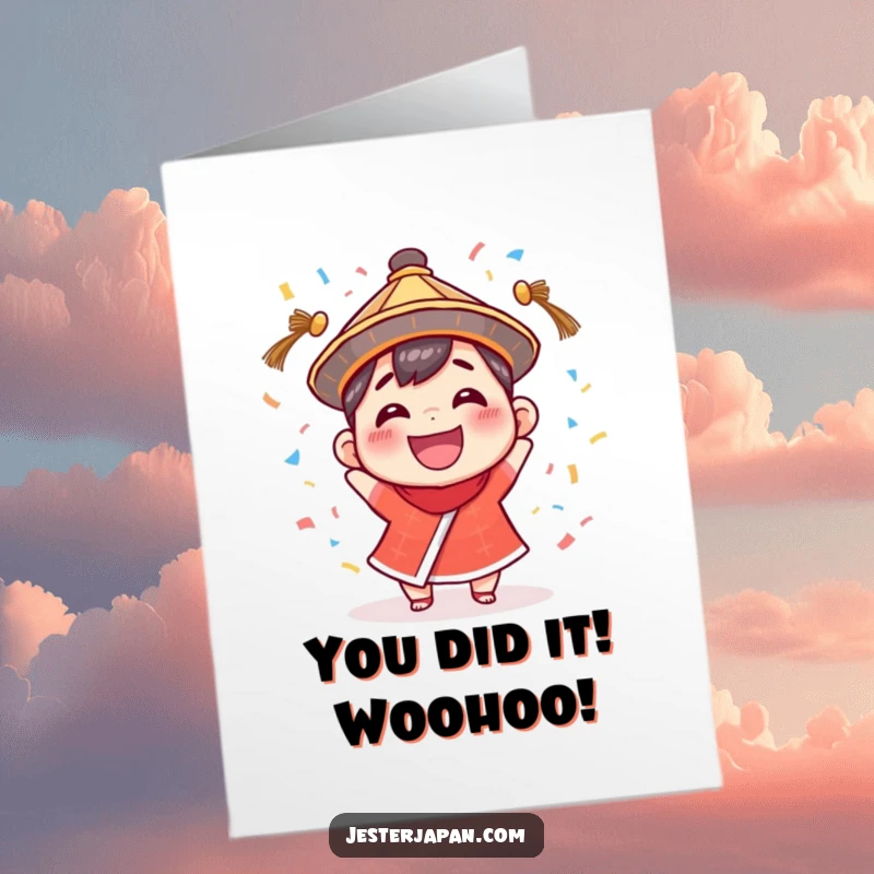 Funny Free Printable Congratulations Card: Tiny character in a hat, beaming with a confetti toss for a win.
