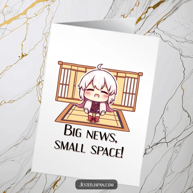 Funny Free Printable Congratulations Card: Character comically attempts to squeeze onto a minuscule Tatami mat. Great downloadable art.