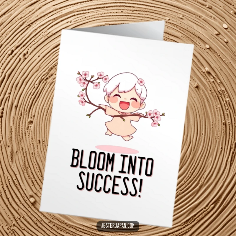 Free Printable Congratulations Card: A happy character does a little hop, holding a branch adorned with beautiful cherry blossoms.