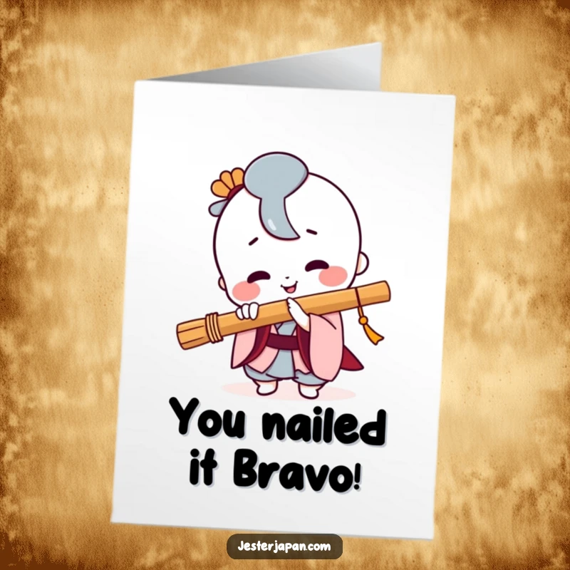 Funny Free Printable Congratulations Card showing a joyful Kawaii character playing a Japanese flute.